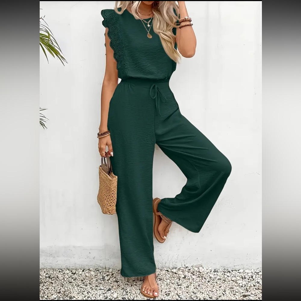 Elegant Dark Green 2 Piece Set Wide Leg High Waist Pants and Top Set New Size - Picture 2 of 5